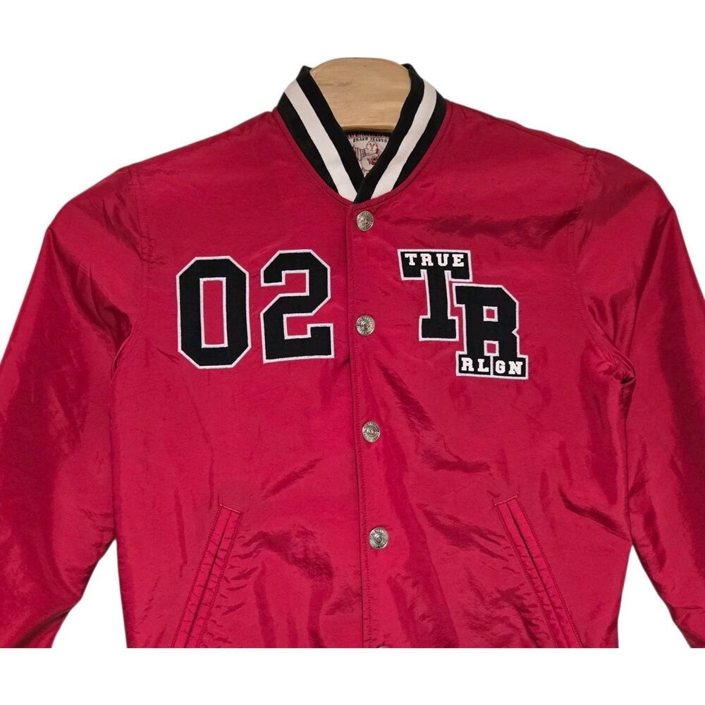 True Religion Bomber Snap Button Varsity Jacket Black Red Size Medium EUC - Picture 3 of 11